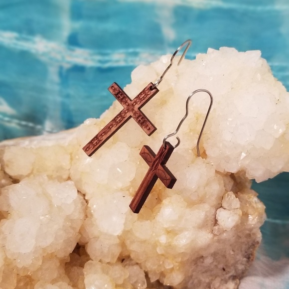 Jewelry - Wood Earrings Crosses Etched Design